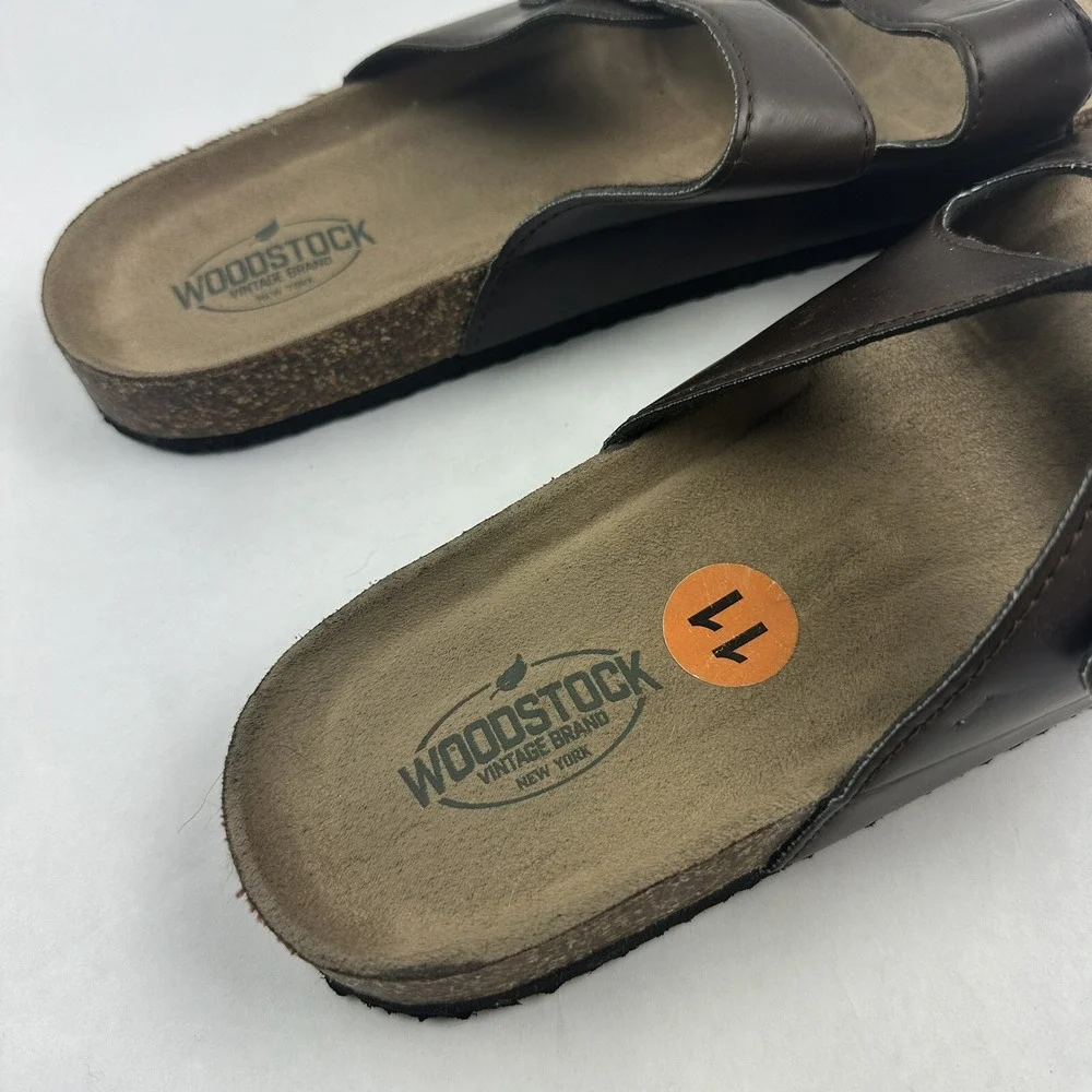 Woodstock Vintage Brand Slide Sandals Mens 11 Brown Double Buckle Cork Footbed